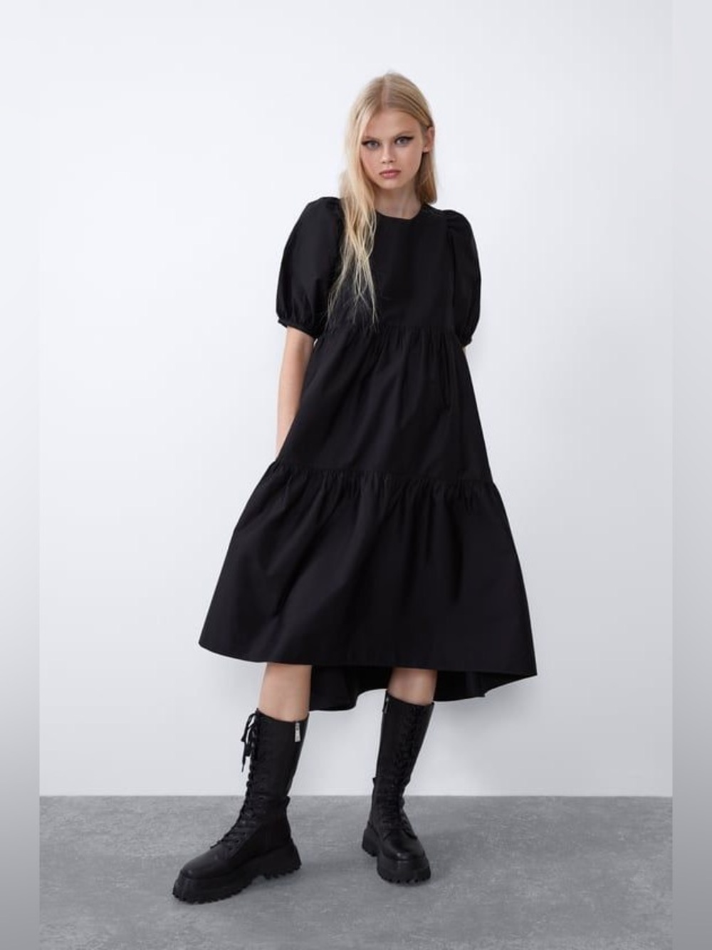 Zara Black Poplin Asymmetric Puff Dress